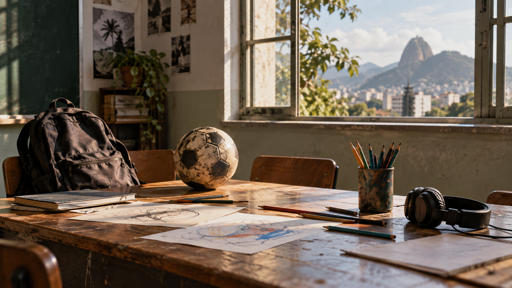 mesa de escola com materiais criativos, mochila e bola