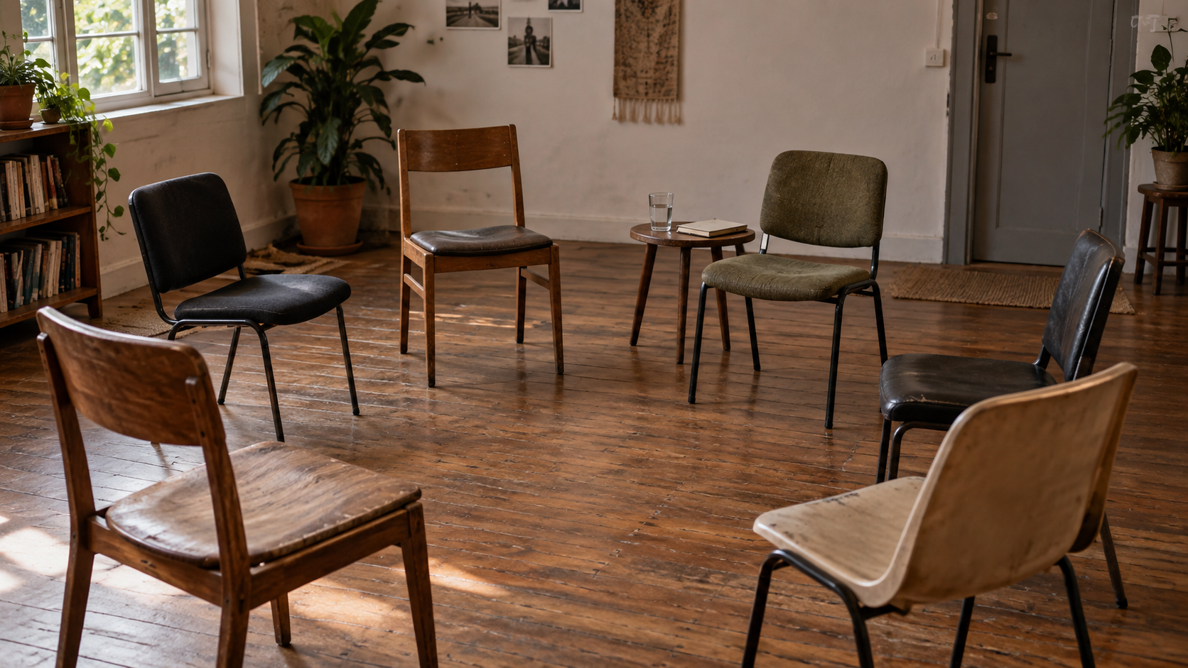 cadeiras vazias em círculo em uma sala comunitária