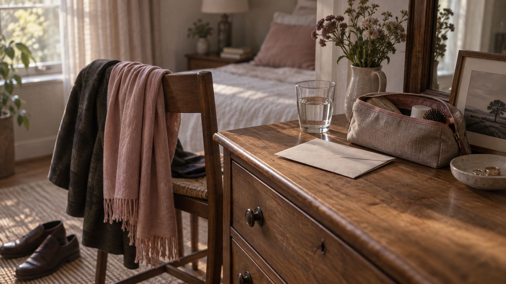 mesa com laço rosa, medicamentos, agenda e objetos cotidianos de cuidado