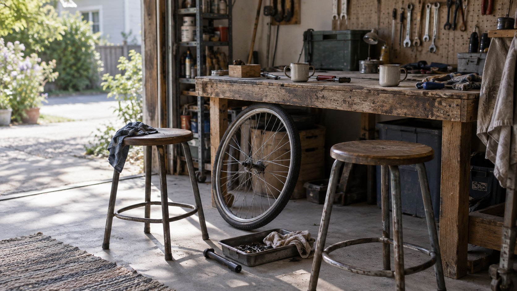 duas banquetas e uma bicicleta em uma oficina doméstica, sugerindo conversa durante uma atividade