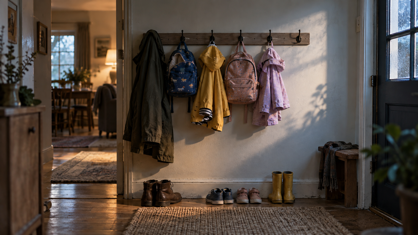 entrada de casa com mochilas infantis e um cabide vazio